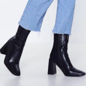 PLT Black Square Toe Block Heel Ankle Boots
